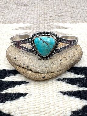 Fred Harvey Style Southwest Sterling Silver Natural Turquoise Cuff Bracelet